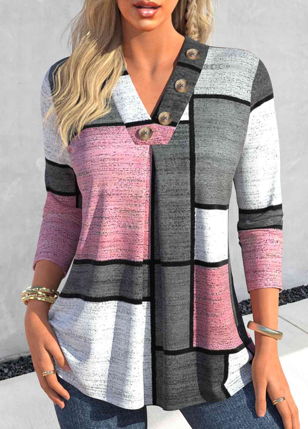 Modlily Pink Button Geometric Print Long Sleeve T Shirt - XXL