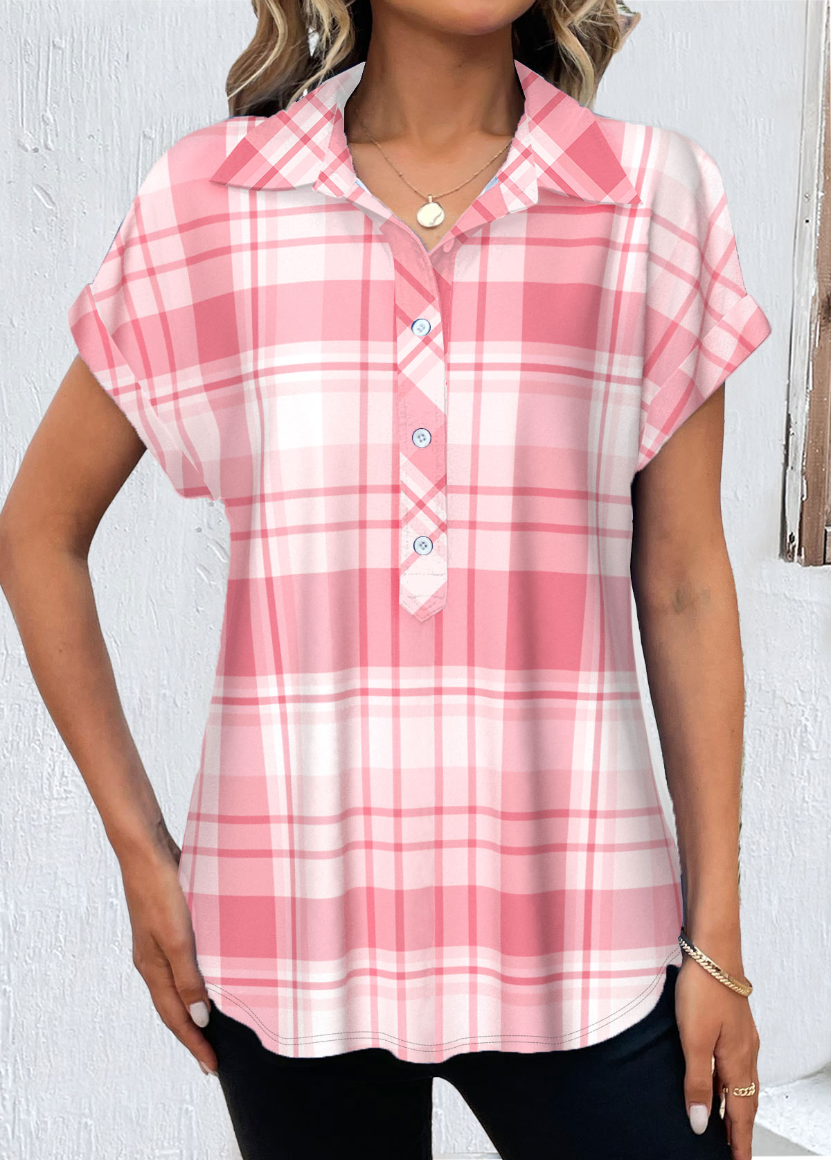 Modlily Pink Button Plaid Short Sleeve Shirt Collar Blouse - S