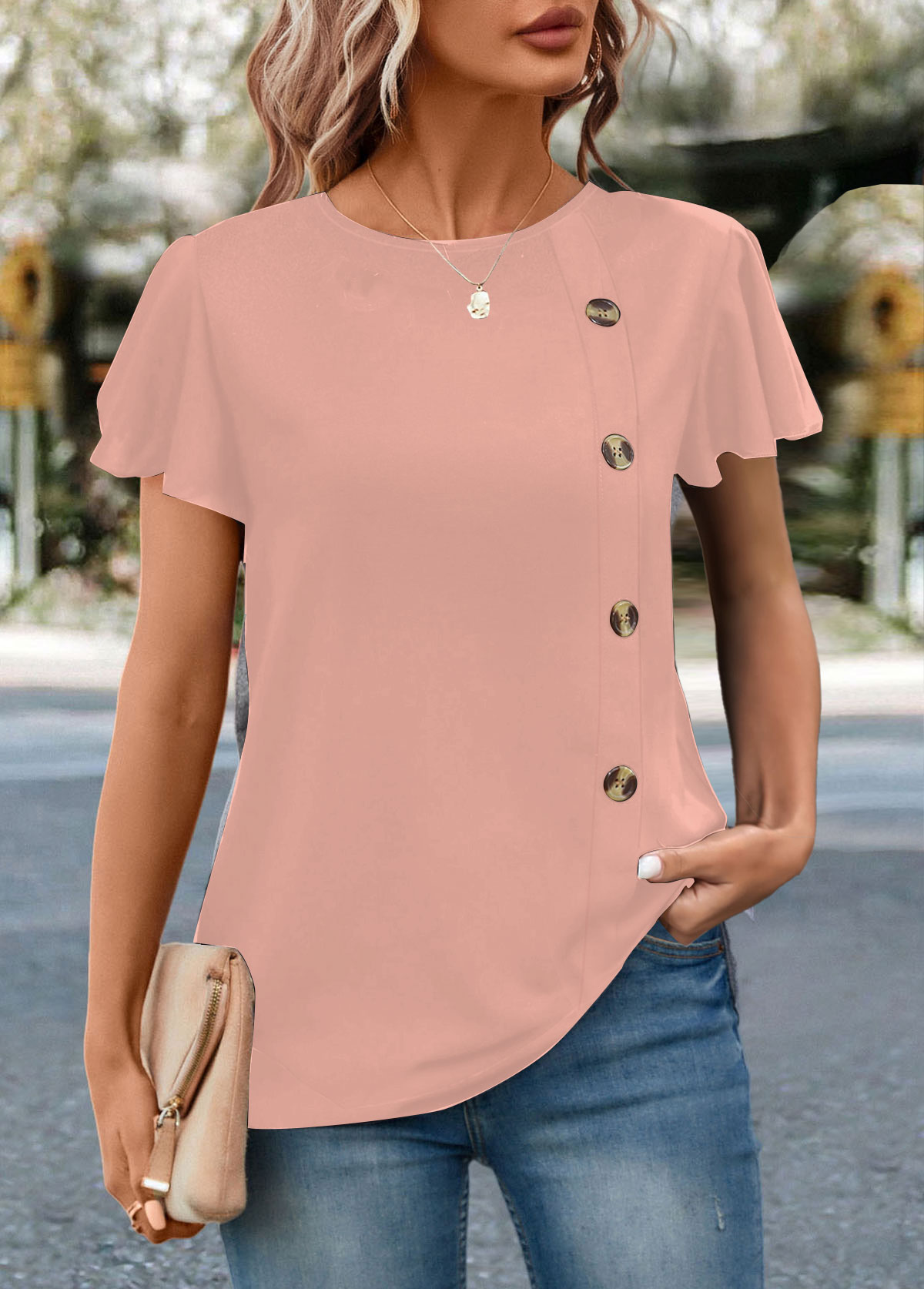 Modlily Pink Button Short Sleeve Round Neck T Shirt - S