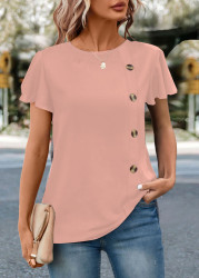 Modlily Pink Button Short Sleeve Round Neck T Shirt - S