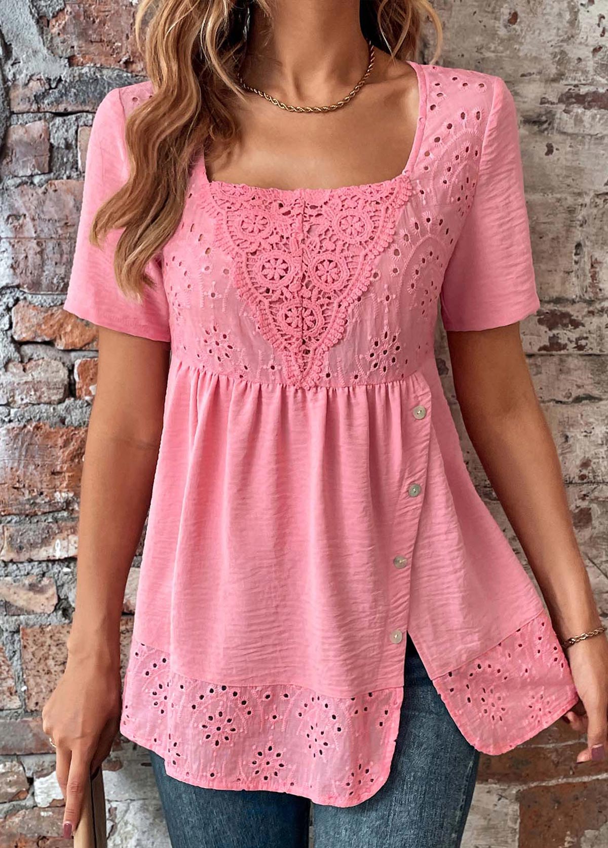 Modlily Pink Button Short Sleeve Square Neck Blouse - M