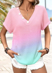 Modlily Pink Button Short Sleeve V Neck T Shirt - S