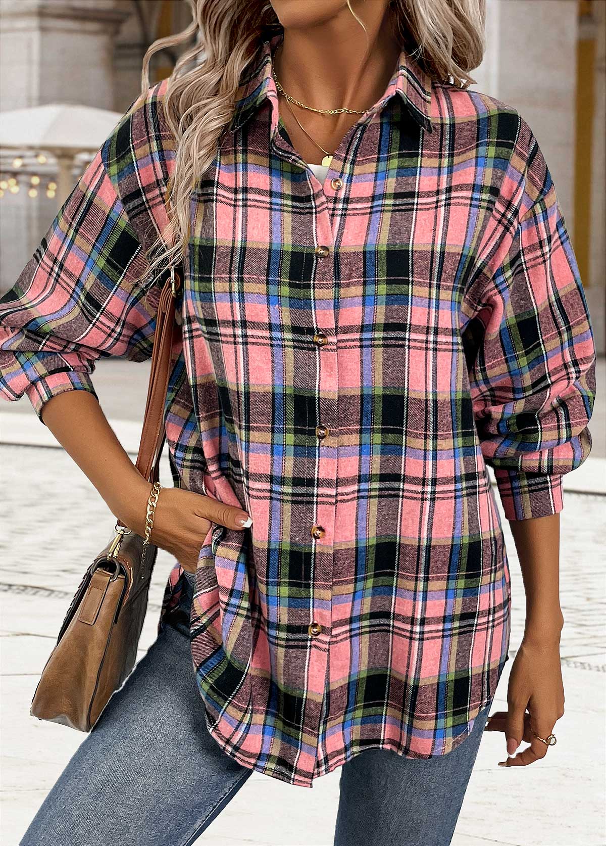 Modlily Pink Button Tummy Coverage Plaid Long Sleeve Shirt - S