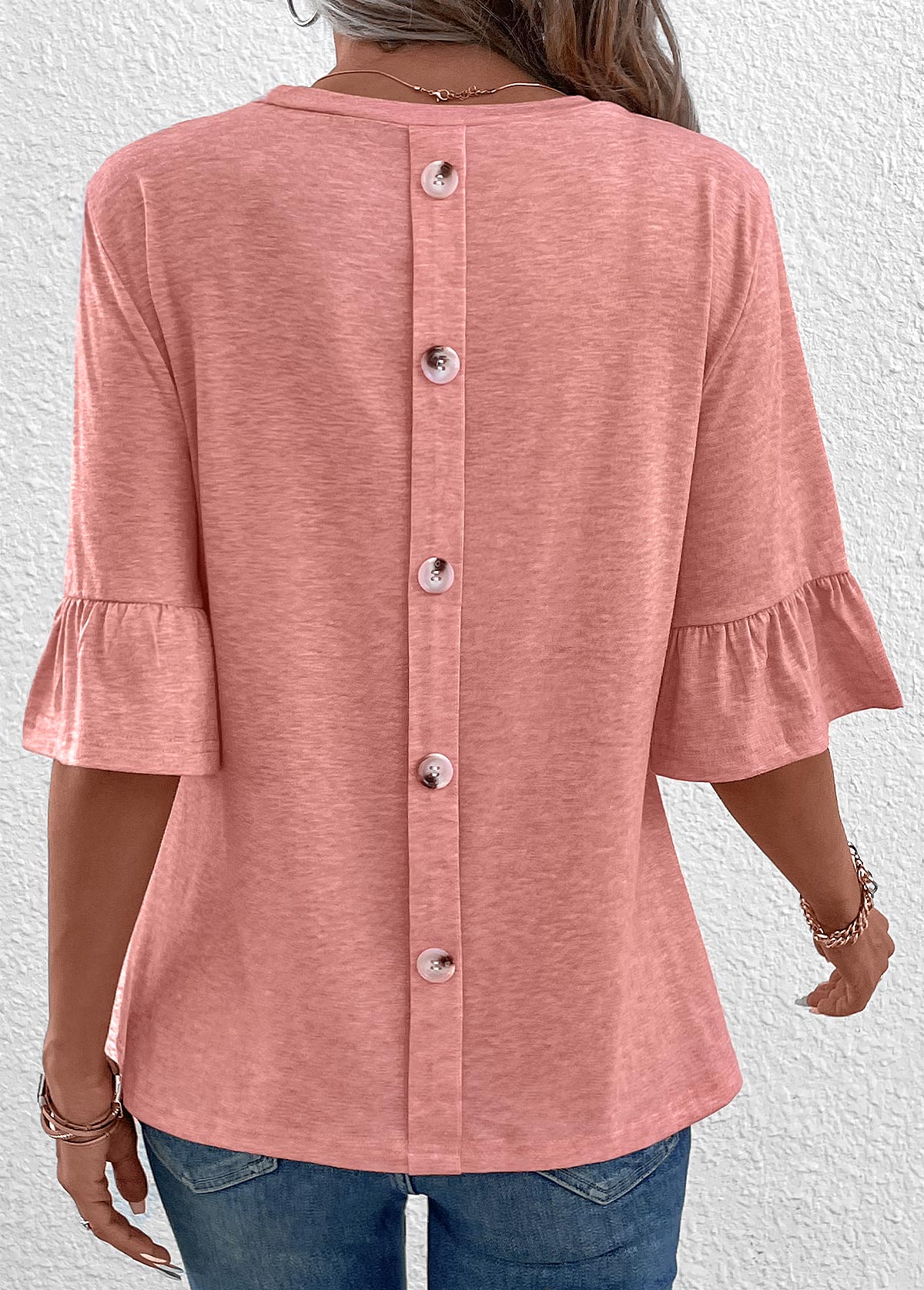 Modlily Pink Button Up Blouse Half Length Ruffled Sleeve T Shirt - S