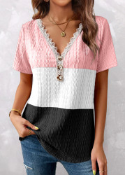 Modlily Pink Contrast Color Lace Short Sleeve Button Detail V Neck T Shirt - S
