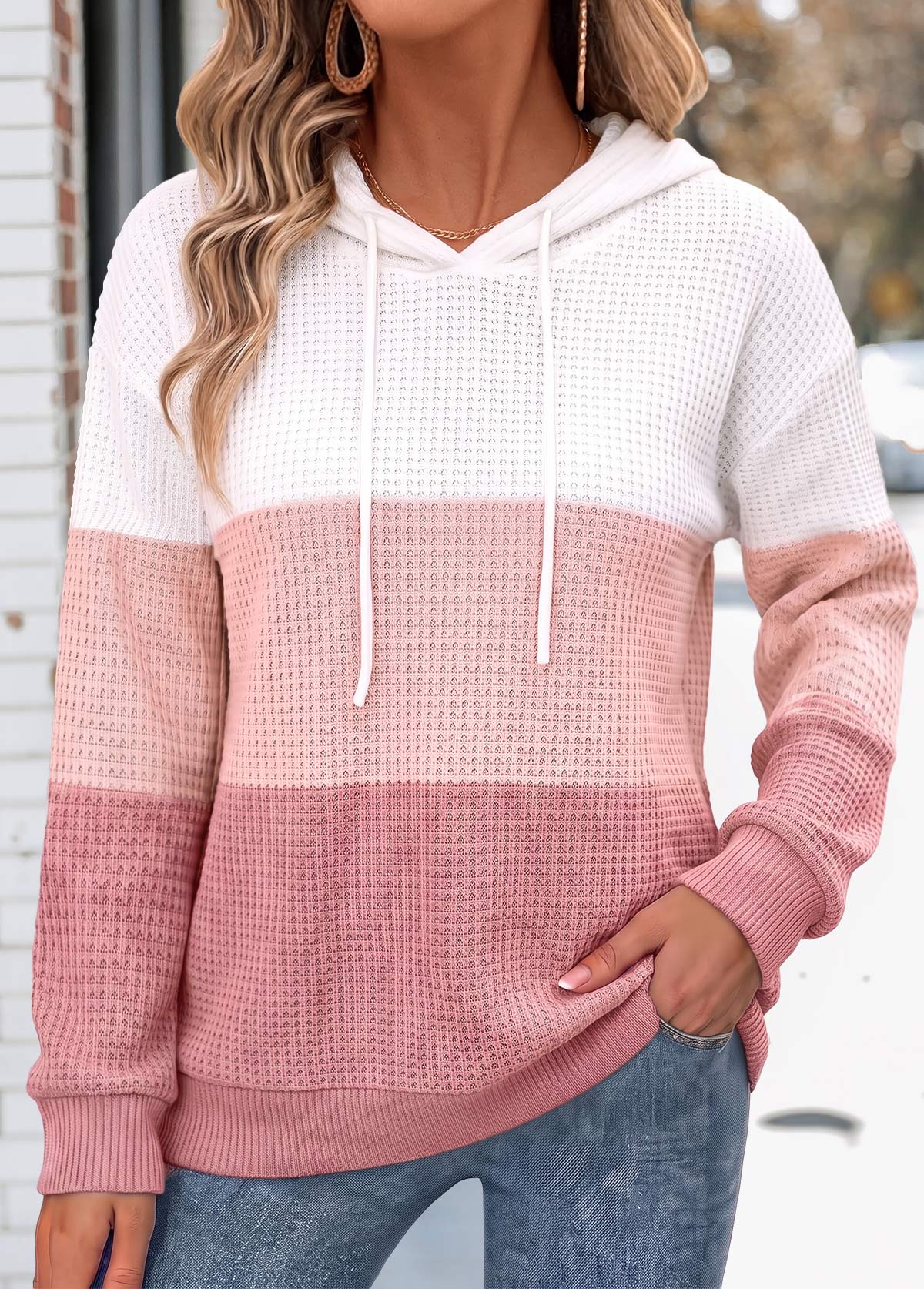 Modlily Pink Contrast Patchwork Long Sleeve Hoodie - M