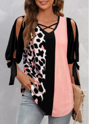 Modlily Pink Criss Cross Leopard Half Sleeve V Neck Blouse - M
