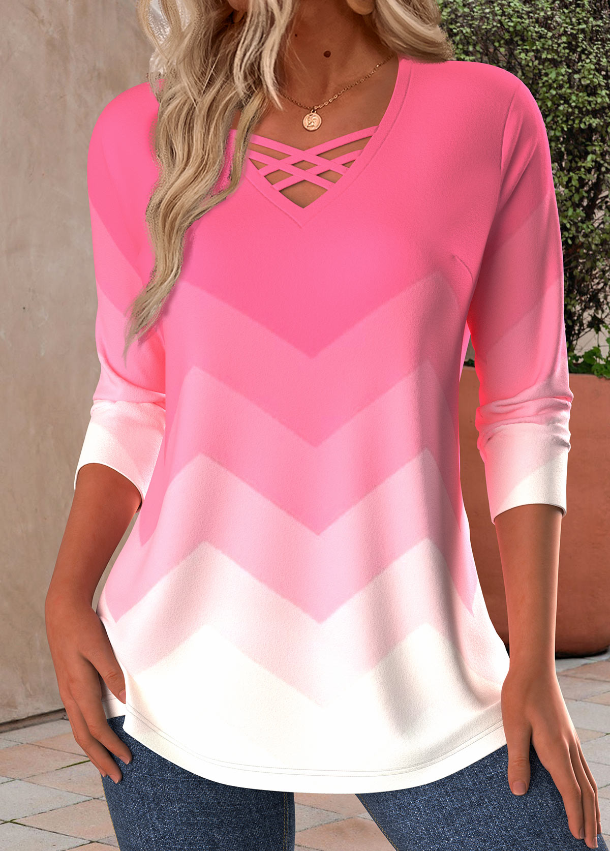 Modlily Pink Criss Cross Ombre Long Sleeve T Shirt - M