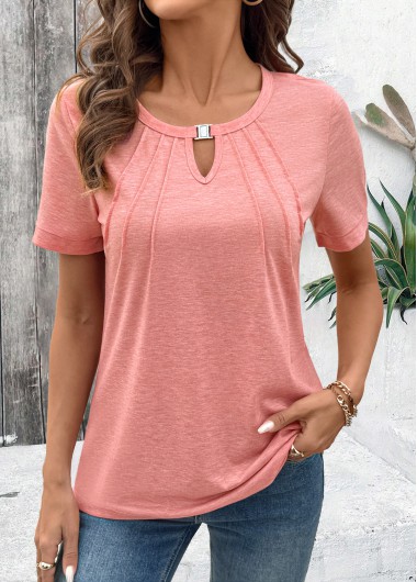 Modlily Pink Cut Out Short Sleeve Round Neck T Shirt - S
