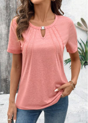 Modlily Pink Cut Out Short Sleeve Round Neck T Shirt - S
