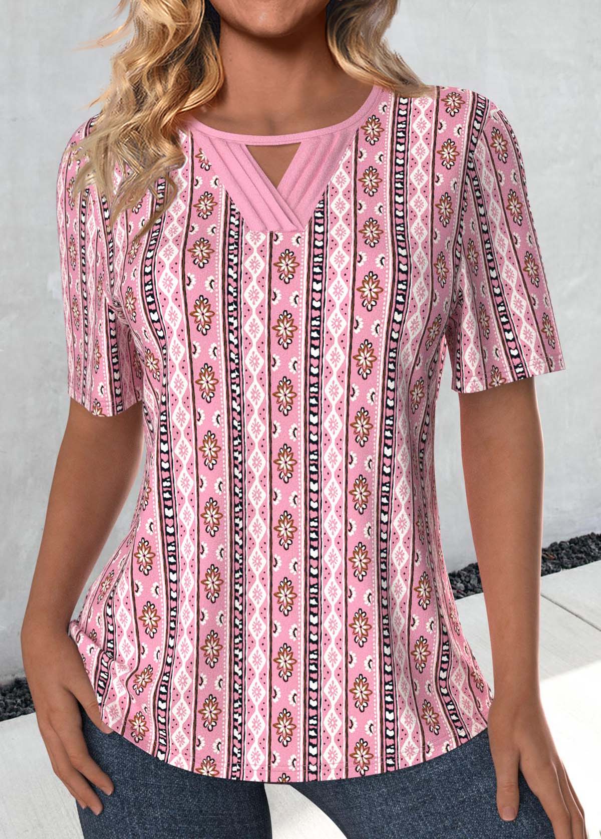 Modlily Pink Cut Out Tribal Print Short Sleeve T Shirt - XL