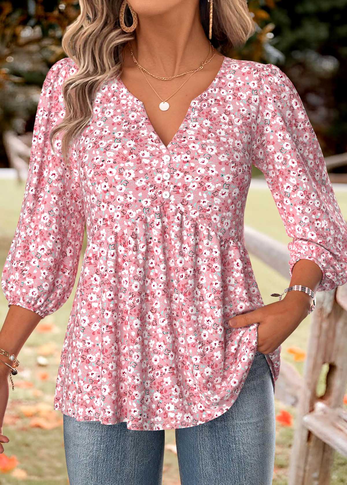 Modlily Pink Ditsy Floral Print 3/4 Sleeve Split Neck Blouse - S