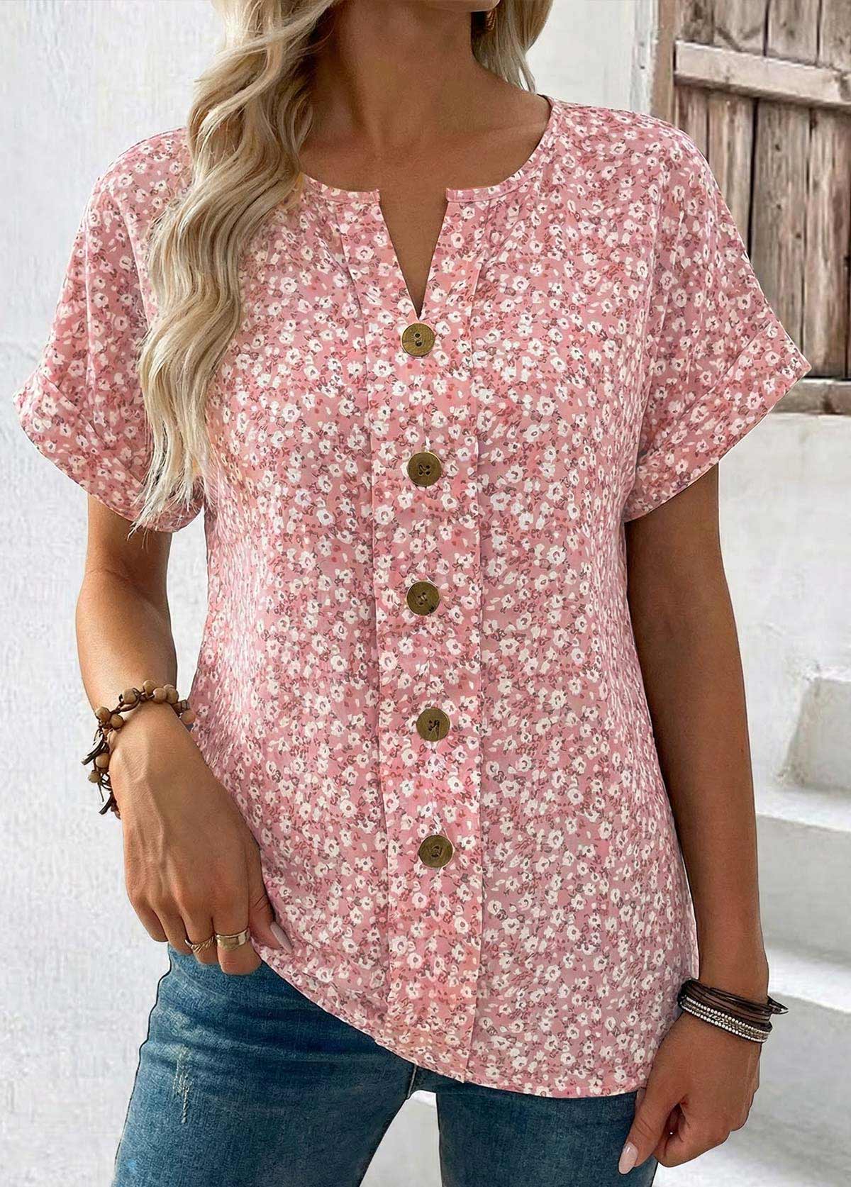 Modlily Pink Ditsy Floral Print Tummy Coverage T Shirt - S
