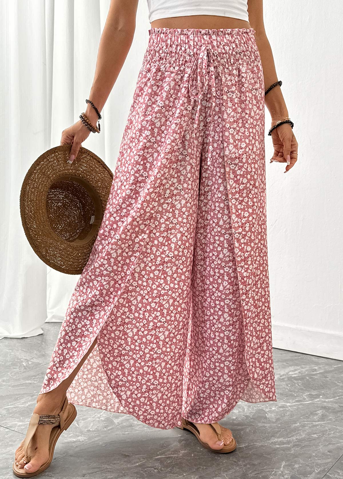 Modlily Pink Ditsy Floral Print Wide Leg Elastic Waist Pants - S