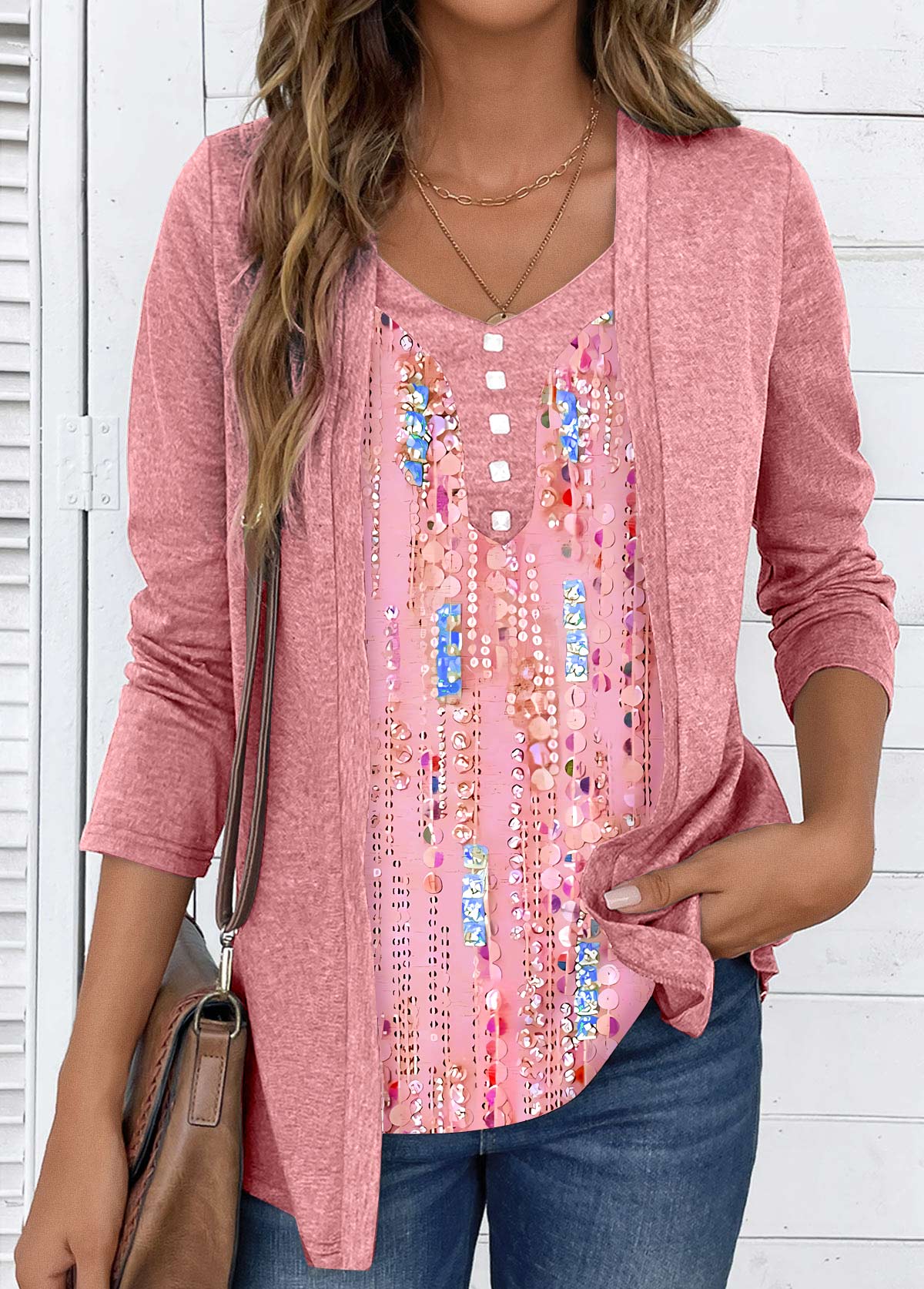 Modlily Pink Fake 2in1 Long Sleeve V Neck Blouse - XL