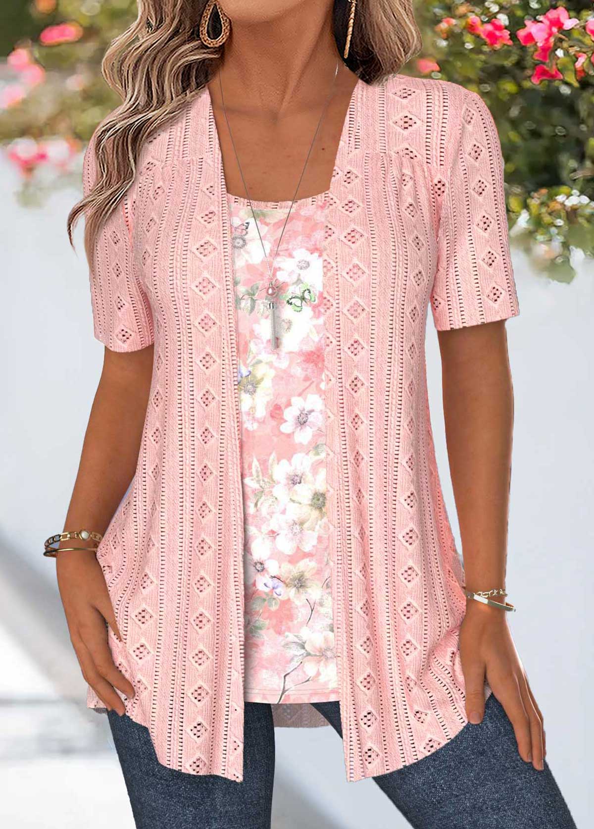 Modlily Pink Floral Print Fake Two Piece Twinset - S