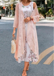 Modlily Pink Floral Print Maxi Long Sleeve Dress and Cardigan - M