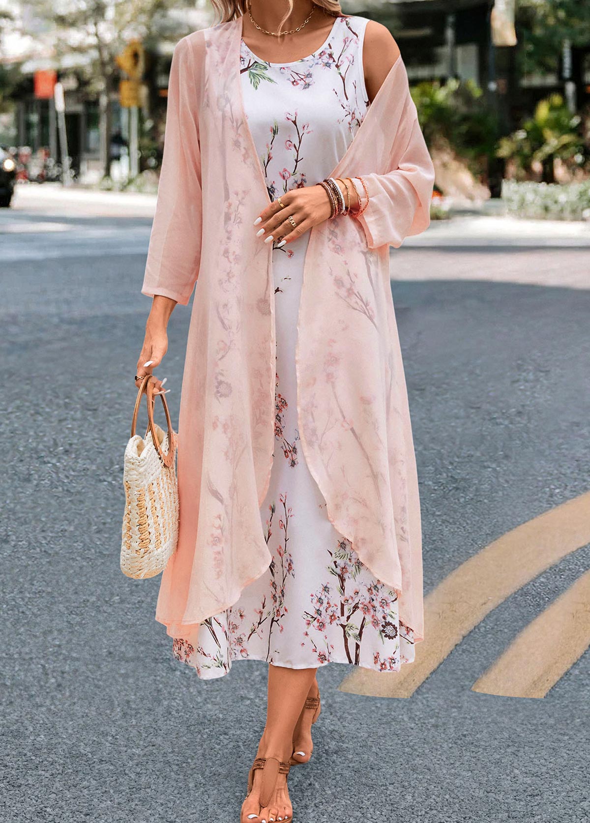 Modlily Pink Floral Print Maxi Long Sleeve Dress and Cardigan - S
