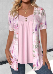 Modlily Pink Floral Print Short Sleeve Fake Two Piece Twinset - S