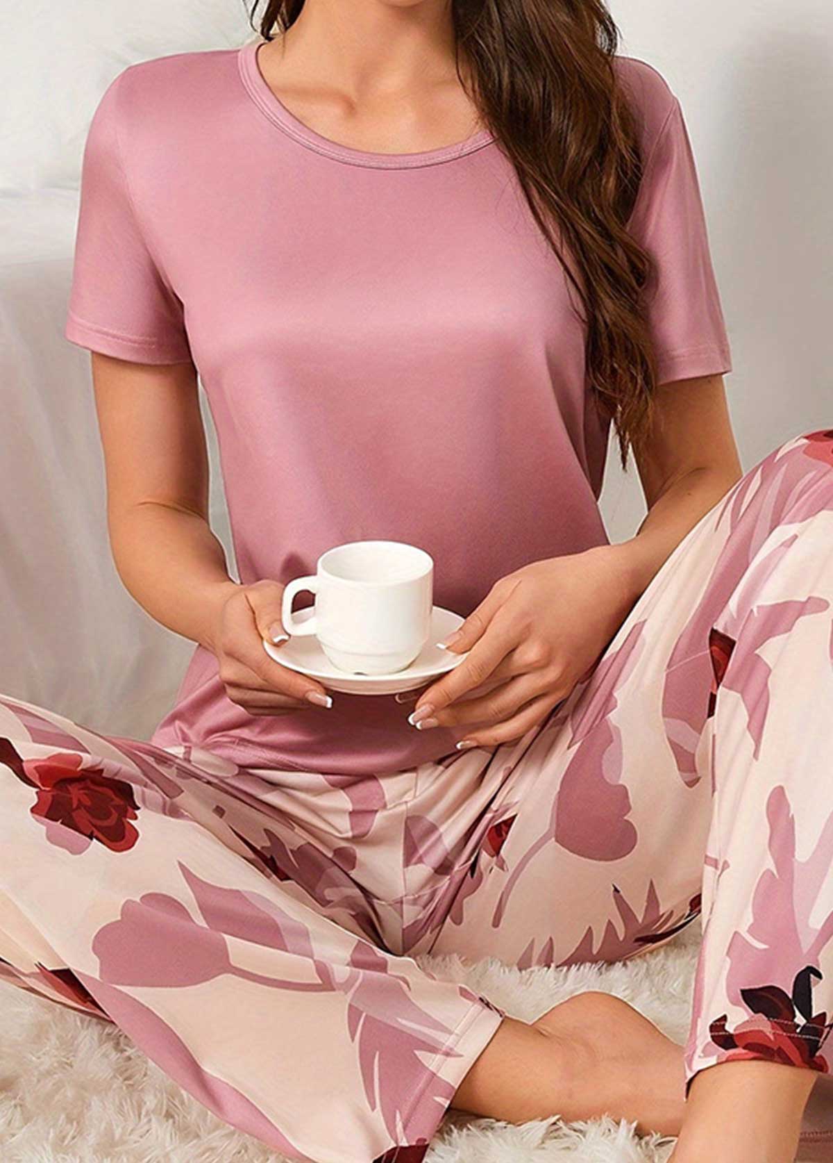 Modlily Pink Floral Print Short Sleeve Lounge Top and Pants - M