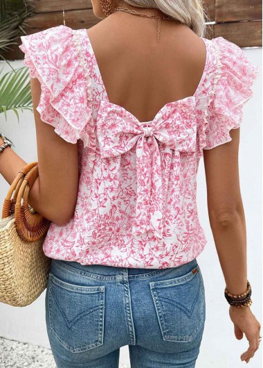 Modlily Pink Floral Print Short Sleeve Square Neck T Shirt - S