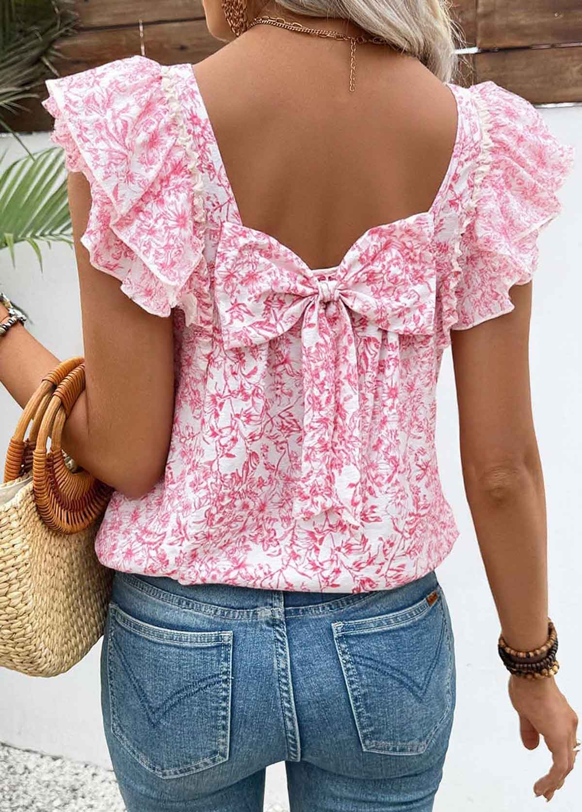 Modlily Pink Floral Print Short Sleeve Square Neck T Shirt - S