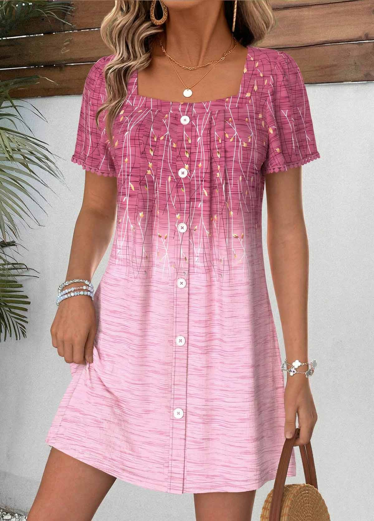 Modlily Pink Floral Print Short Tummy Coverage Square Neck Dress - L