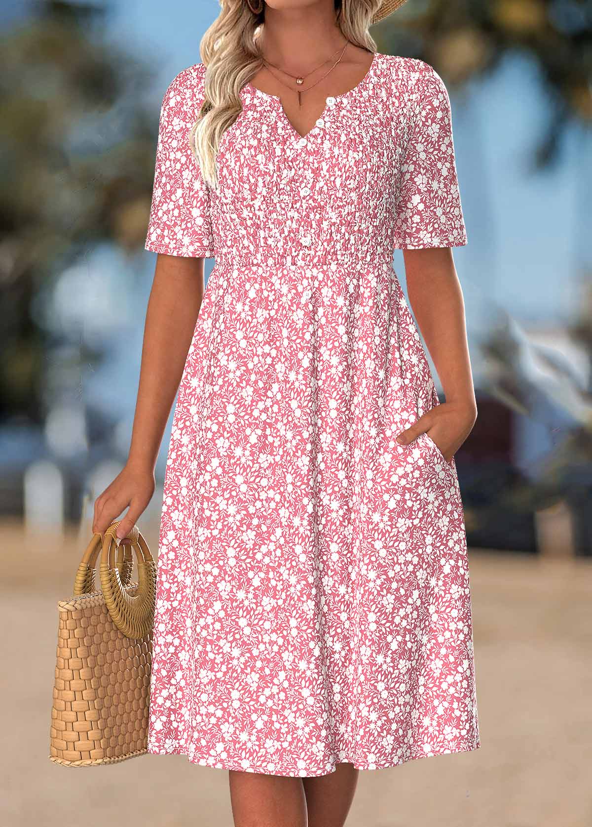 Modlily Pink Floral Print Smocked Short Sleeve Split Neck Dress - S