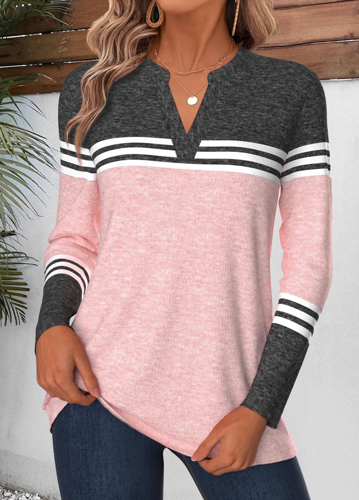 Modlily Pink Geometric Print Curved Hem Long Sleeve T Shirt - M