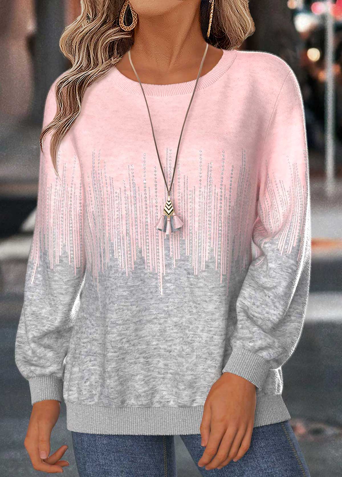 Modlily Pink Geometric Print Long Sleeve Round Neck Sweatshirt - S