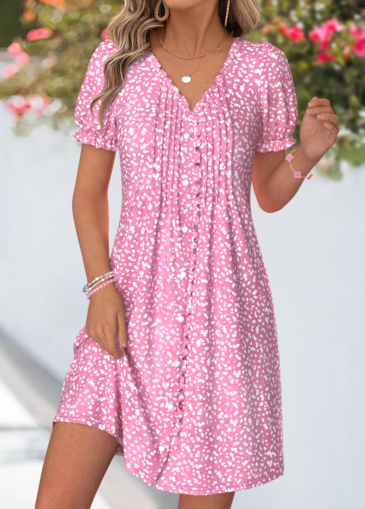 Modlily Pink Geometric Print Short Tuck Stitch V Neck Dress - M