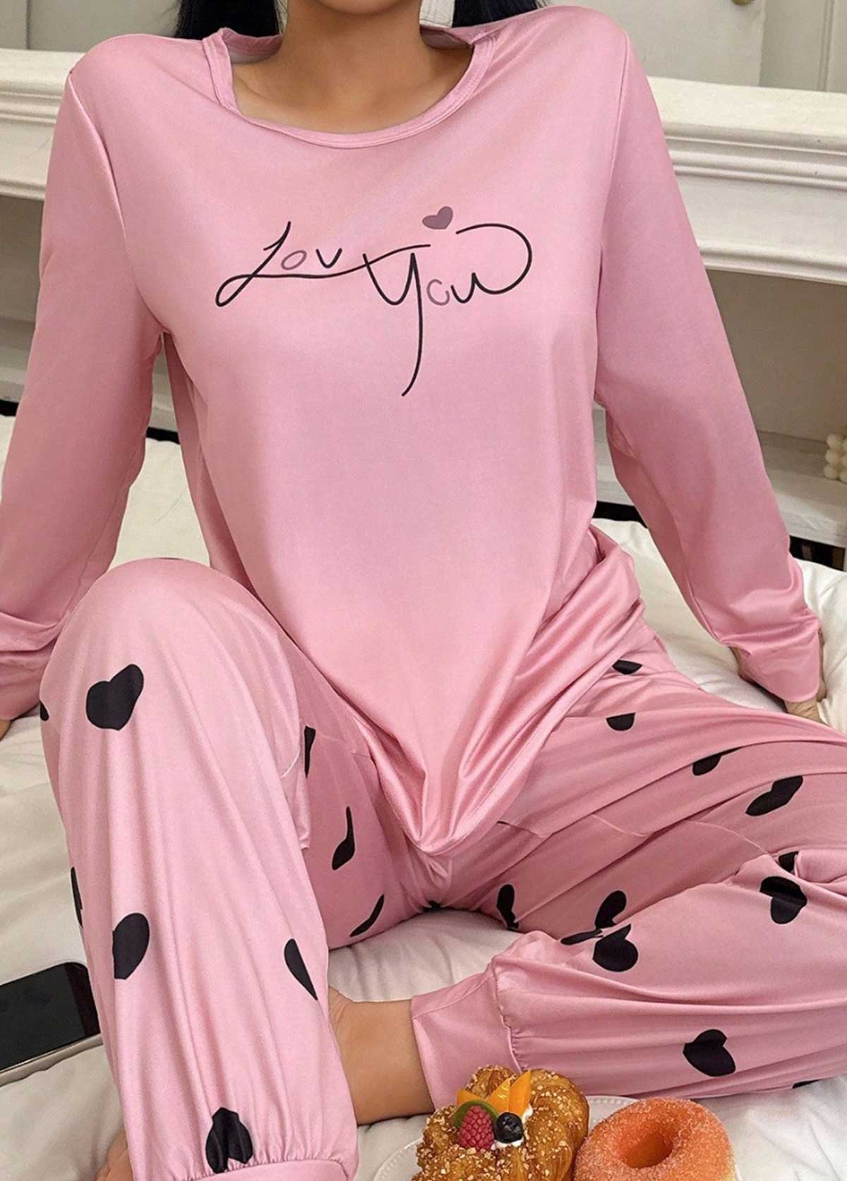 Modlily Pink Heart Print Long Sleeve Lounge Top and Pants - S