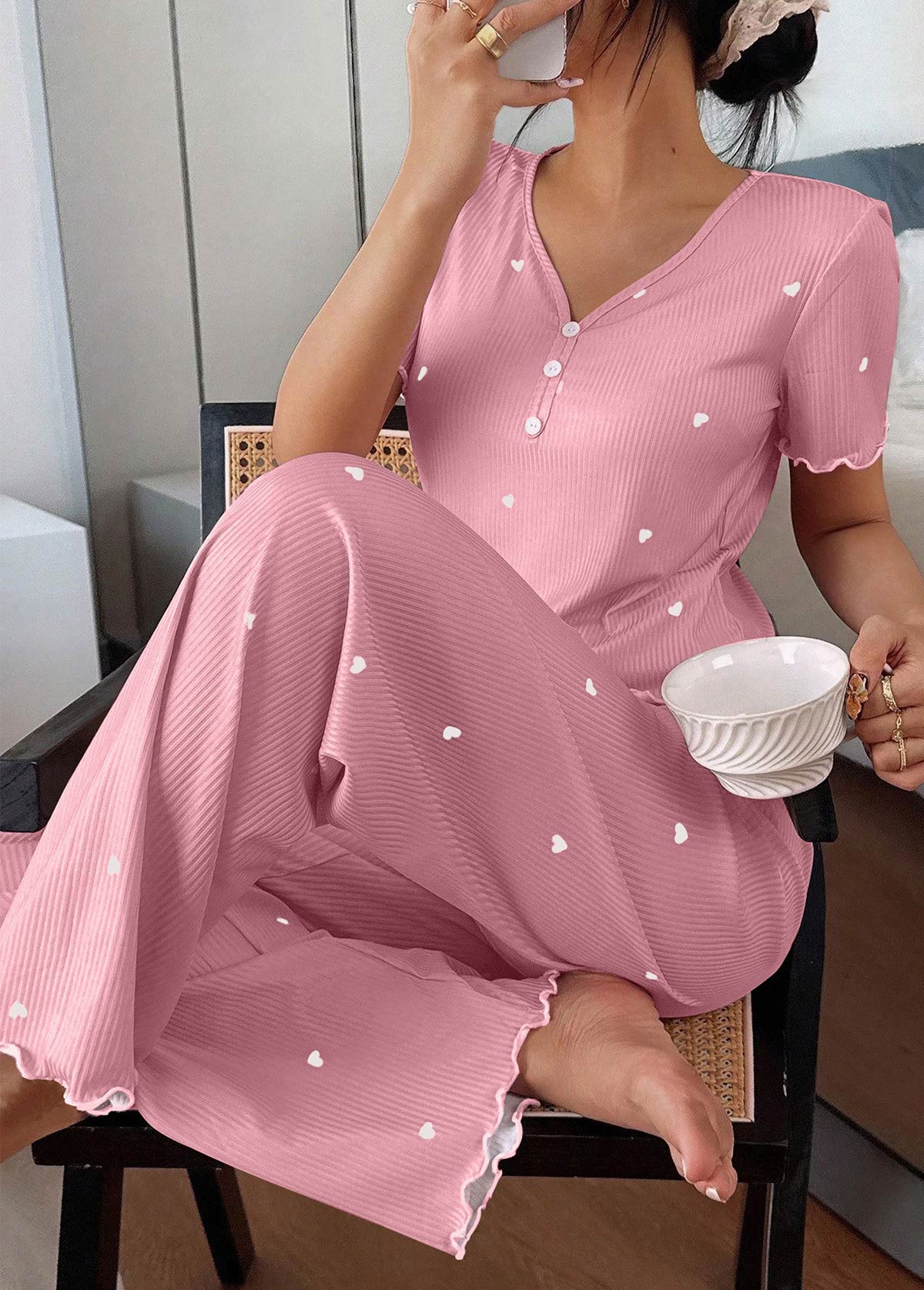 Modlily Pink Heart Print Short Sleeve Lounge Top and Pants - S