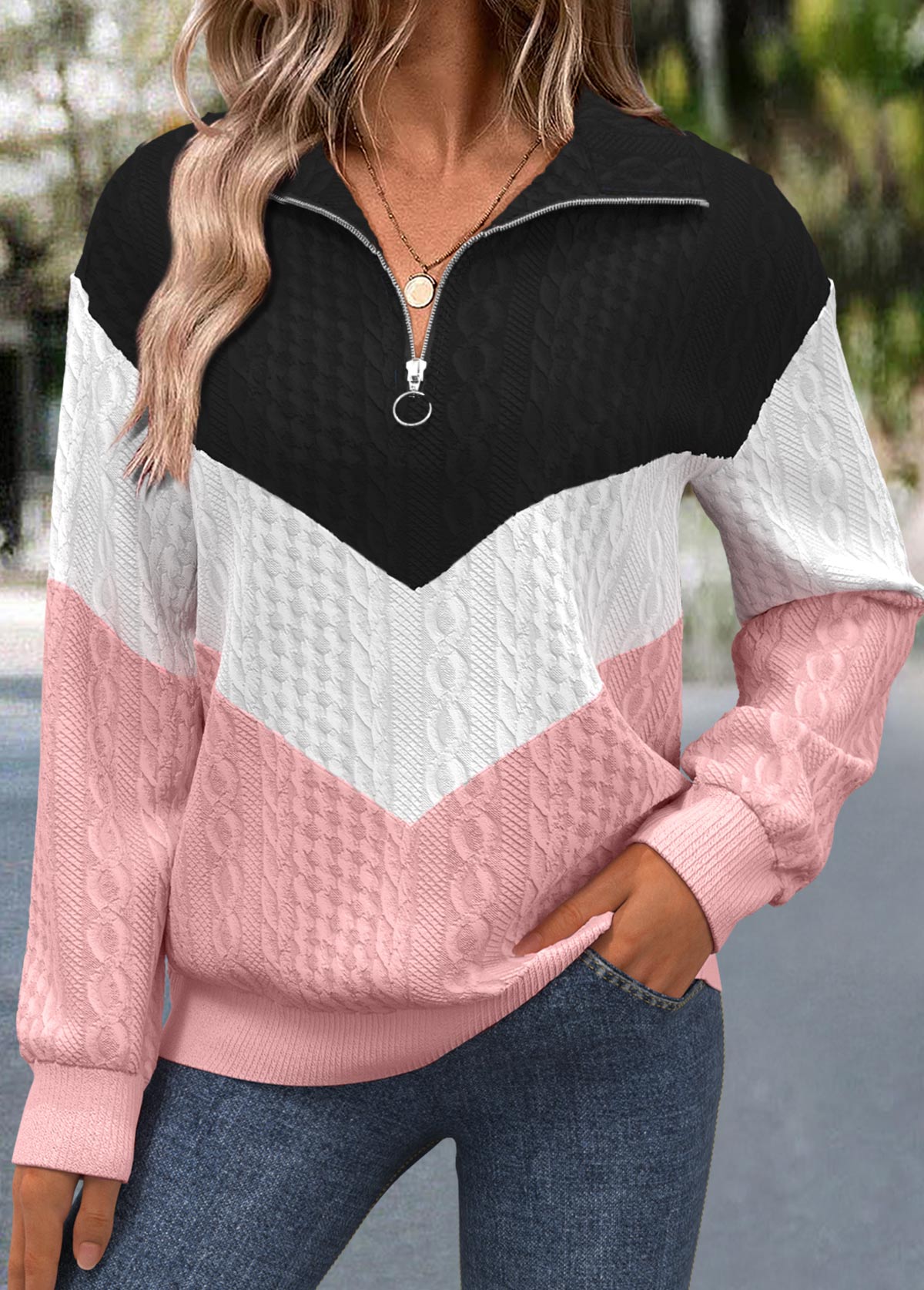 Modlily Pink Jacquard Long Sleeve Turn Down Collar Sweatshirt - M