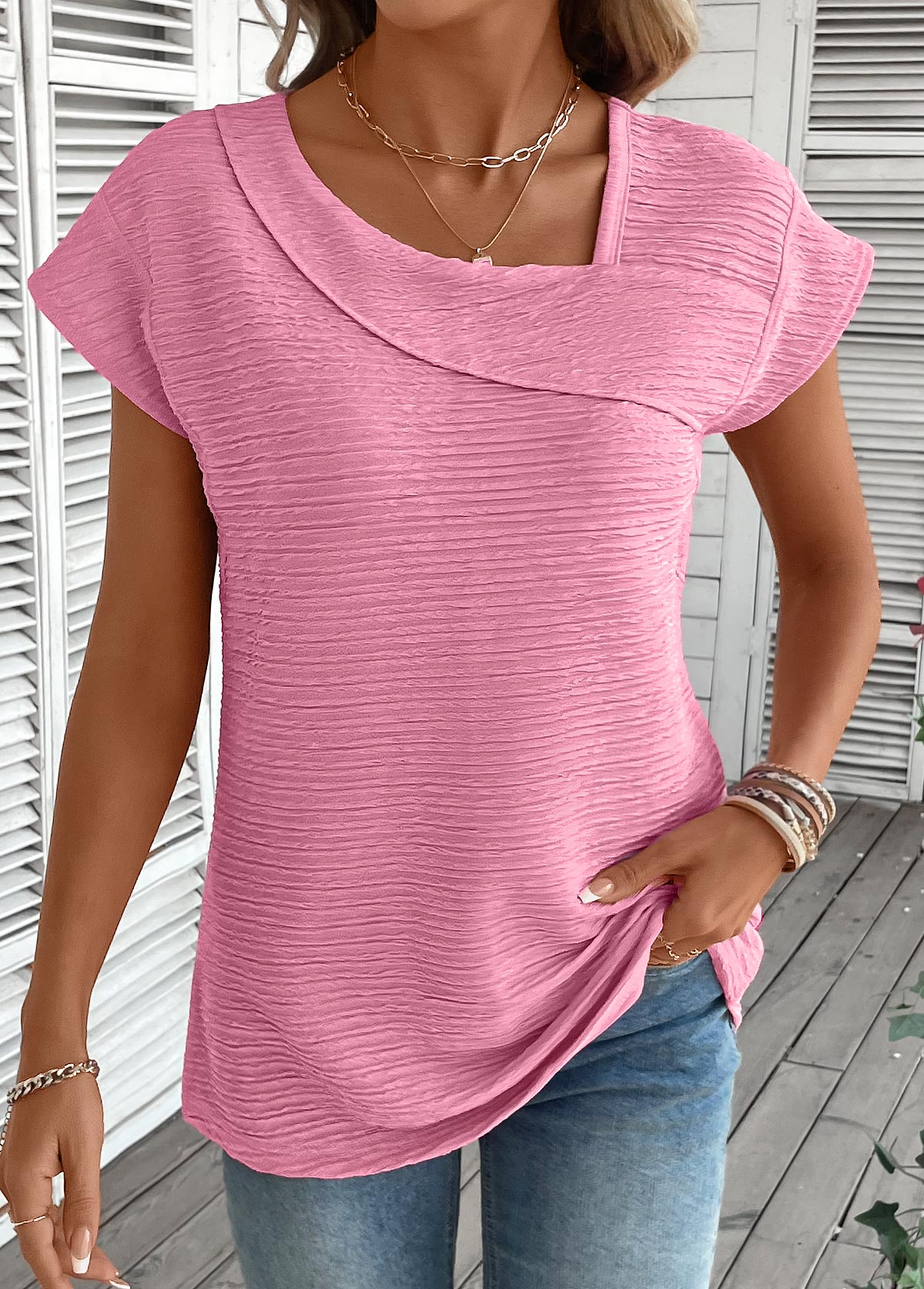 Modlily Pink Jacquard Short Sleeve Asymmetrical Neck T Shirt - S