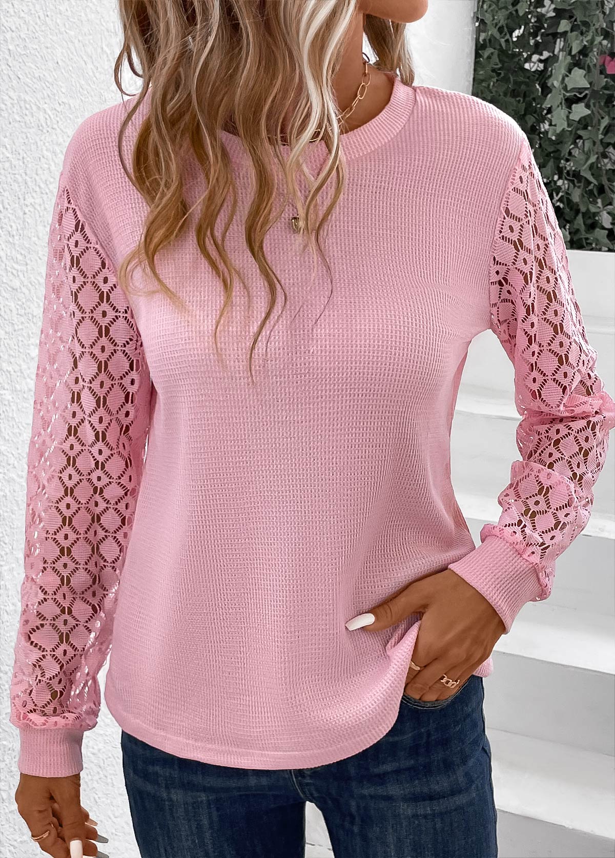 Modlily Pink Lace Long Sleeve Round Neck T Shirt - L