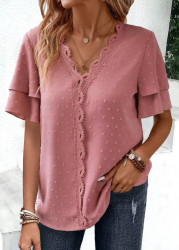 Modlily Pink Lace Short Sleeve V Neck Patchwork Blouse - S