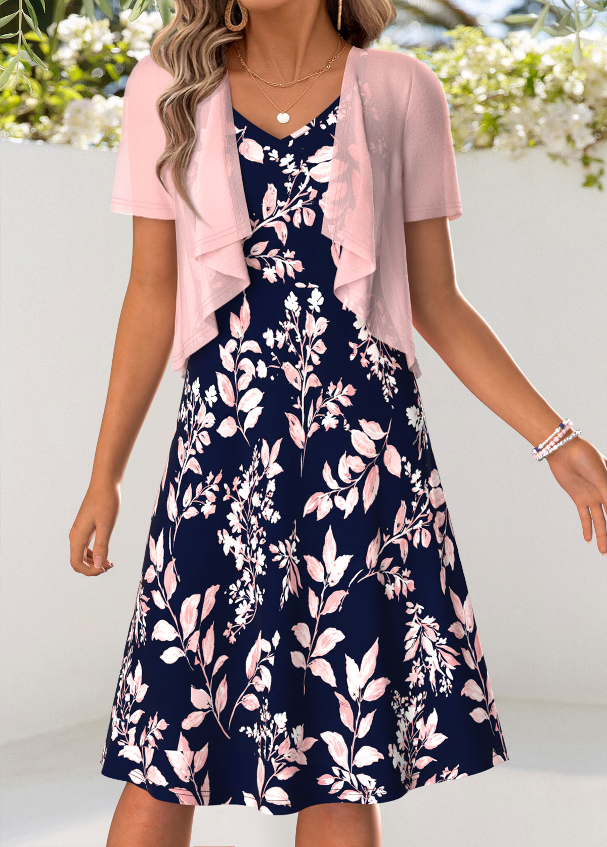 Modlily Pink Leaf Print Tummy Coverage Dress and Cardigan - S