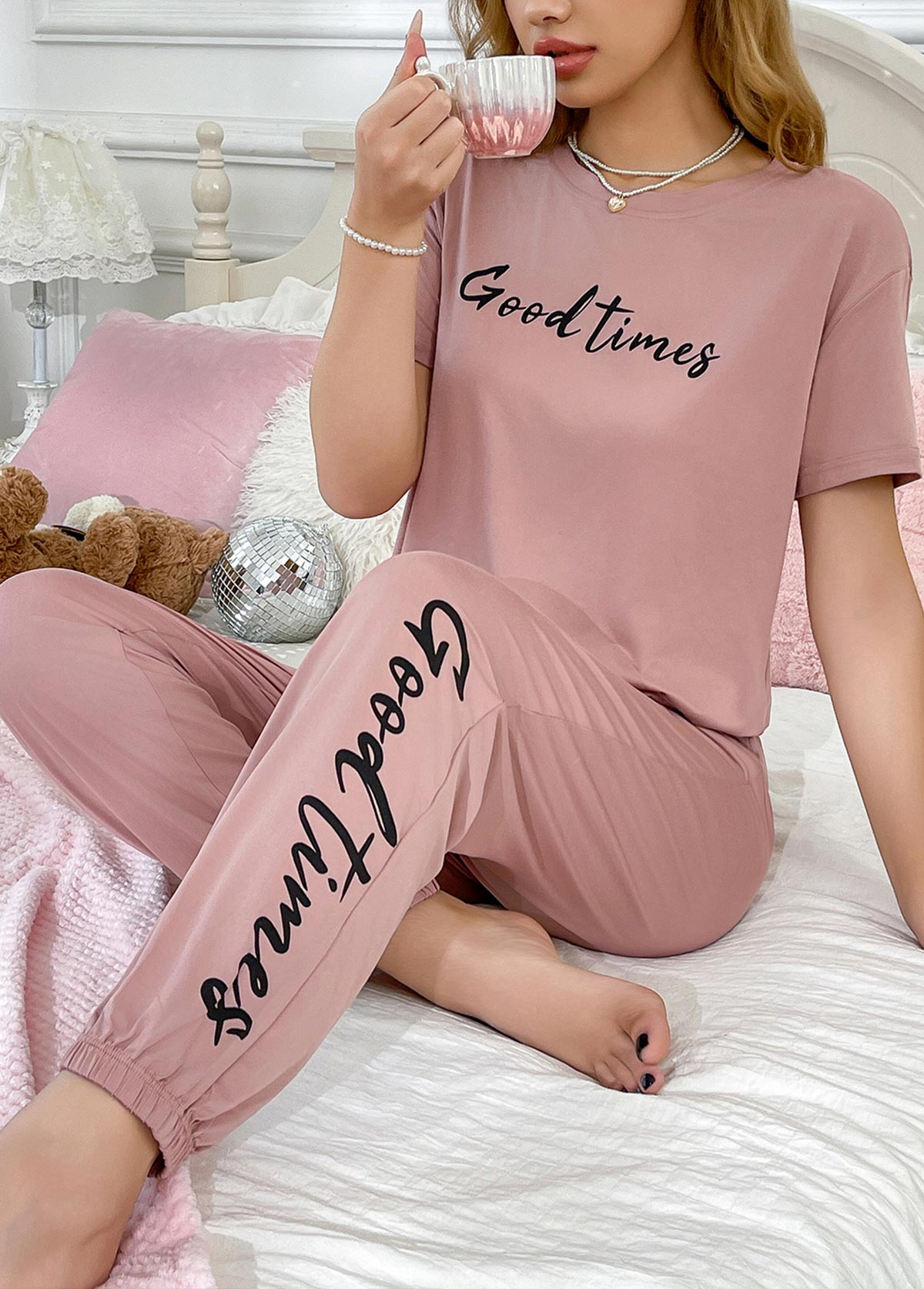 Modlily Pink Letter Print Short Sleeve Lounge Top and Pants - S