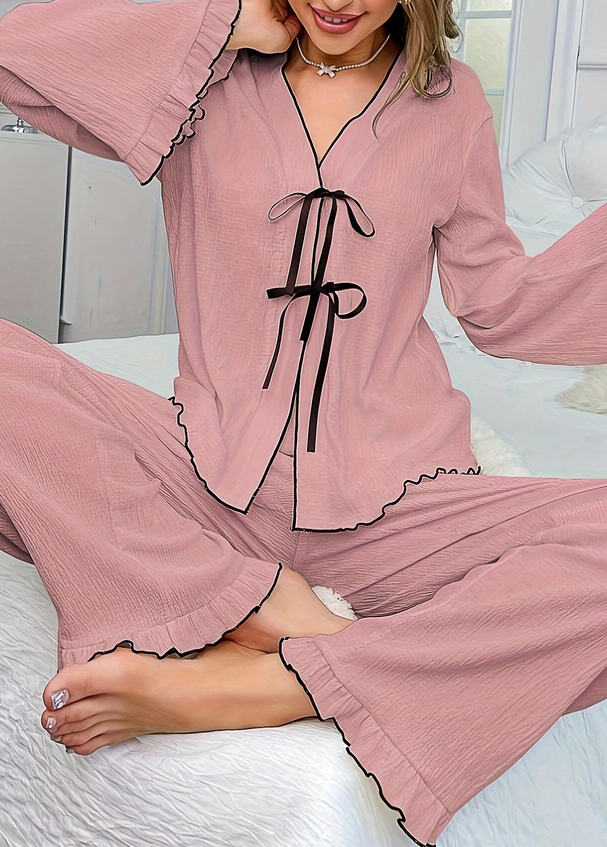 Modlily Pink Long Sleeve V Neck Lounge Top and Pants - S