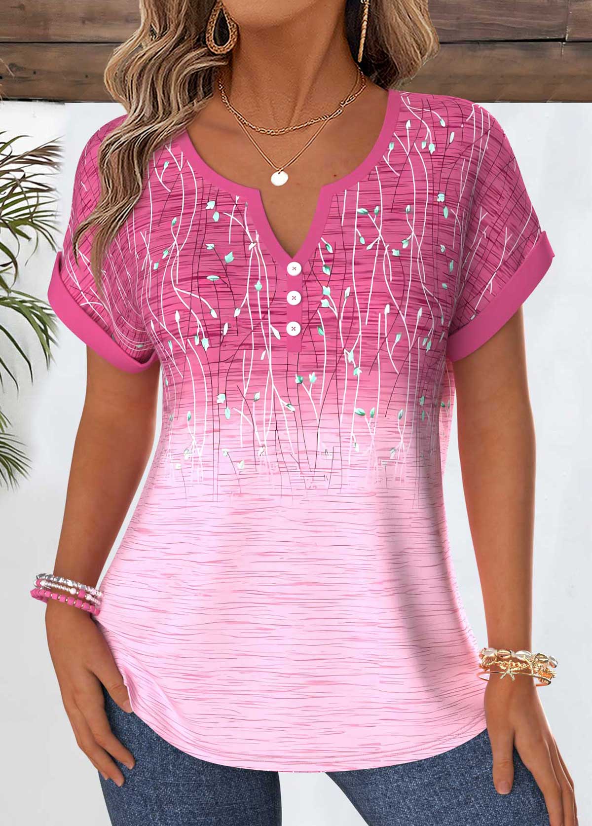 Modlily Pink Ombre Tummy Coverage Short Sleeve Split Neck Blouse - S