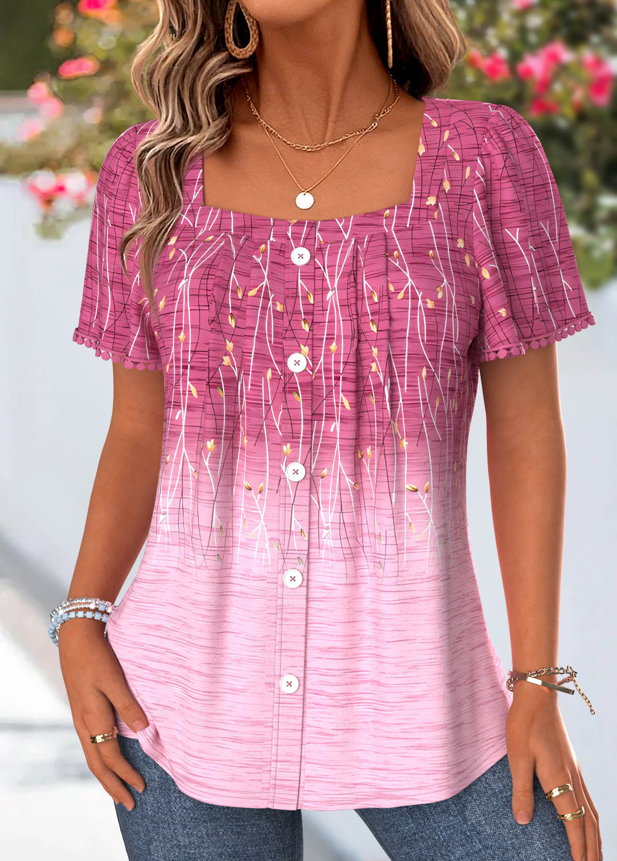 Modlily Pink Ombre Tummy Coverage Short Sleeve Square Neck Blouse - M