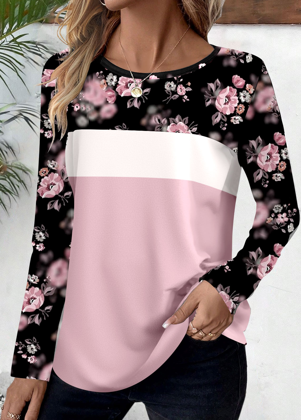 Modlily Pink Patchwork Ditsy Floral Print Long Sleeve T Shirt - L