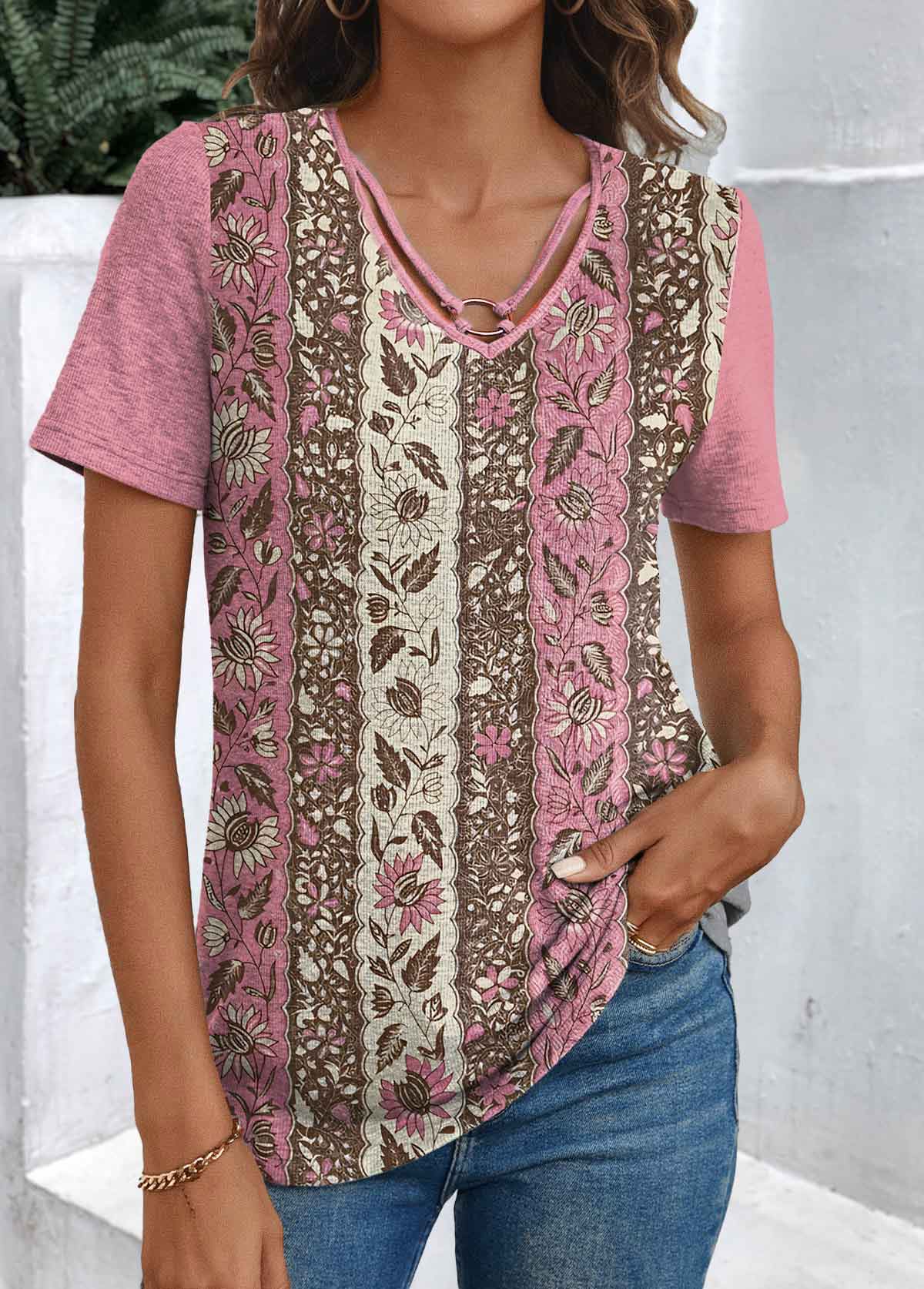 Modlily Pink Patchwork Floral Print Short Sleeve T Shirt - S