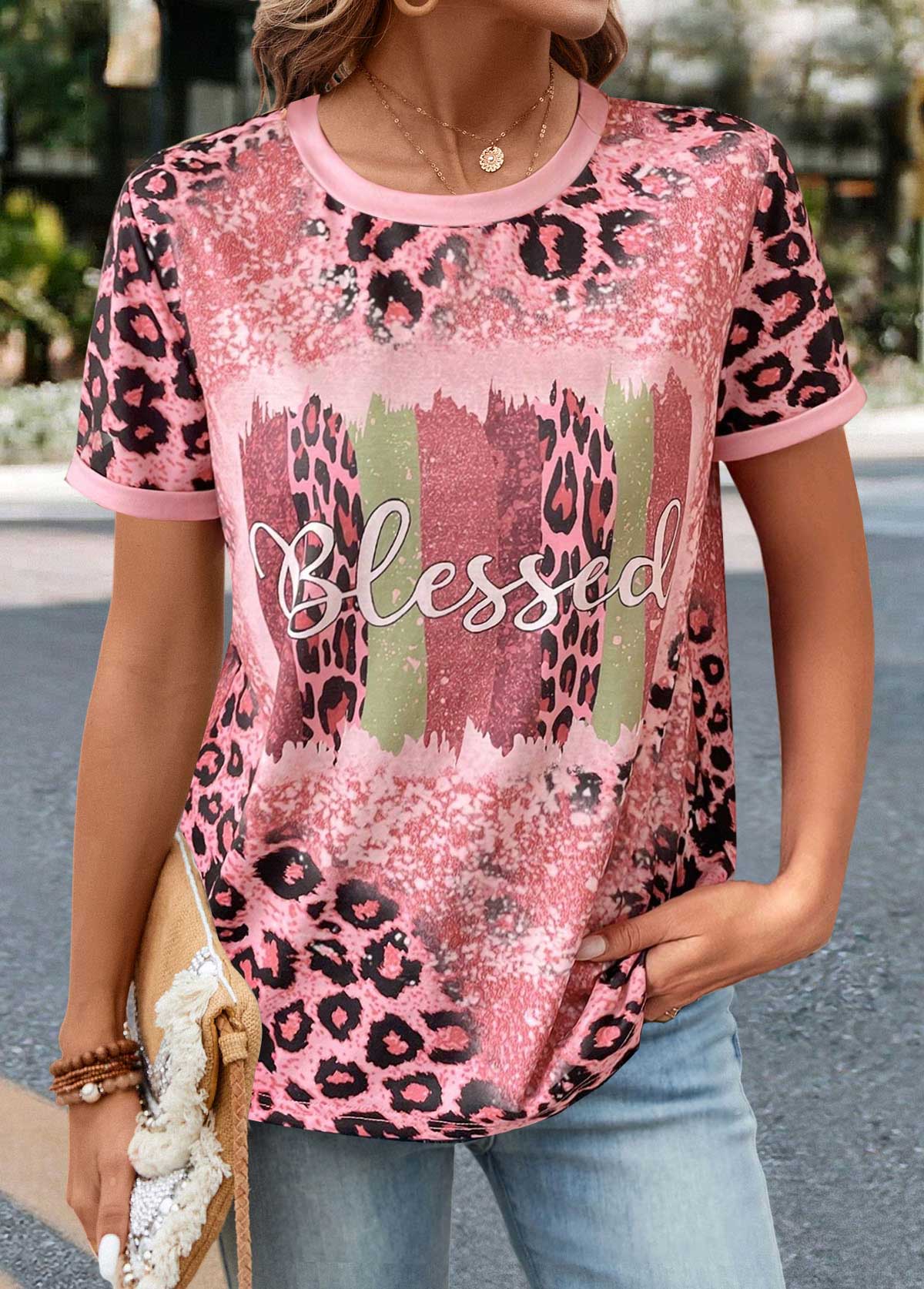Modlily Pink Patchwork Leopard Short Sleeve Round Neck T Shirt - L