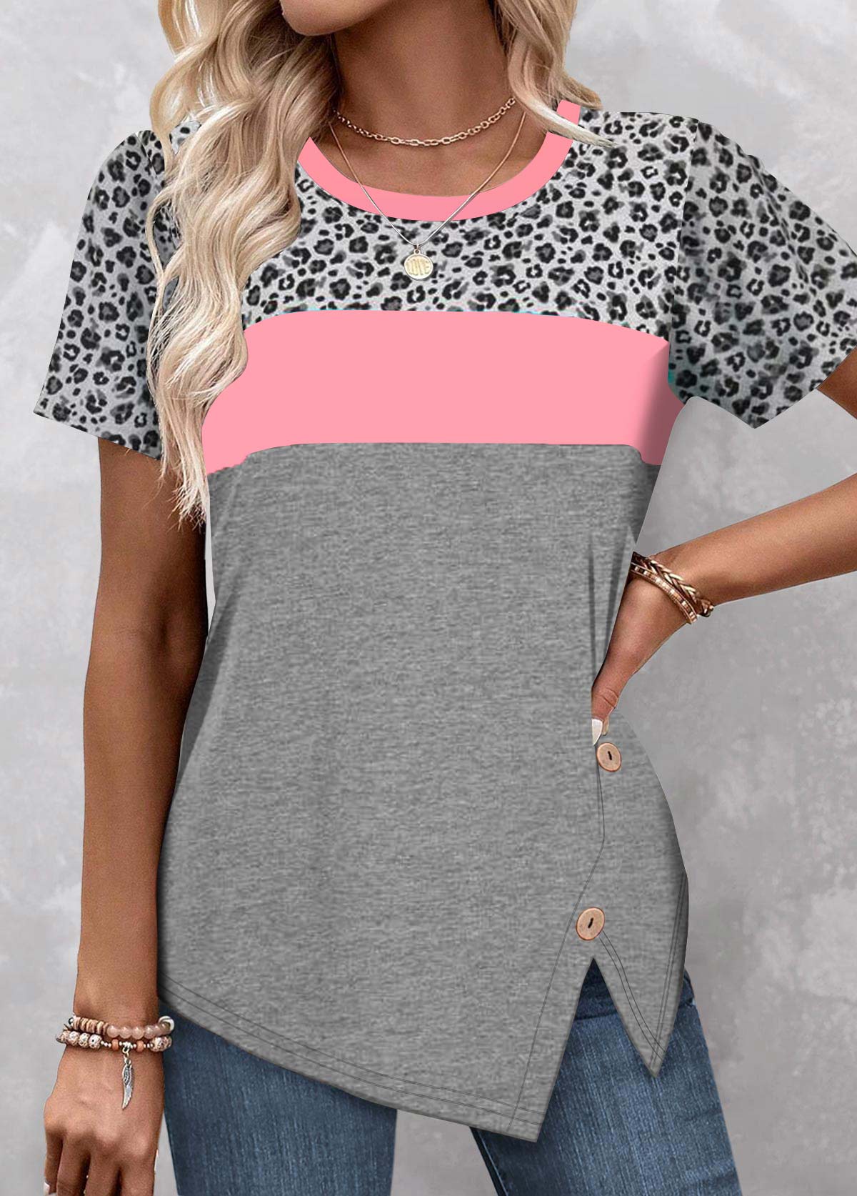 Modlily Pink Patchwork Leopard Short Sleeve T Shirt - S
