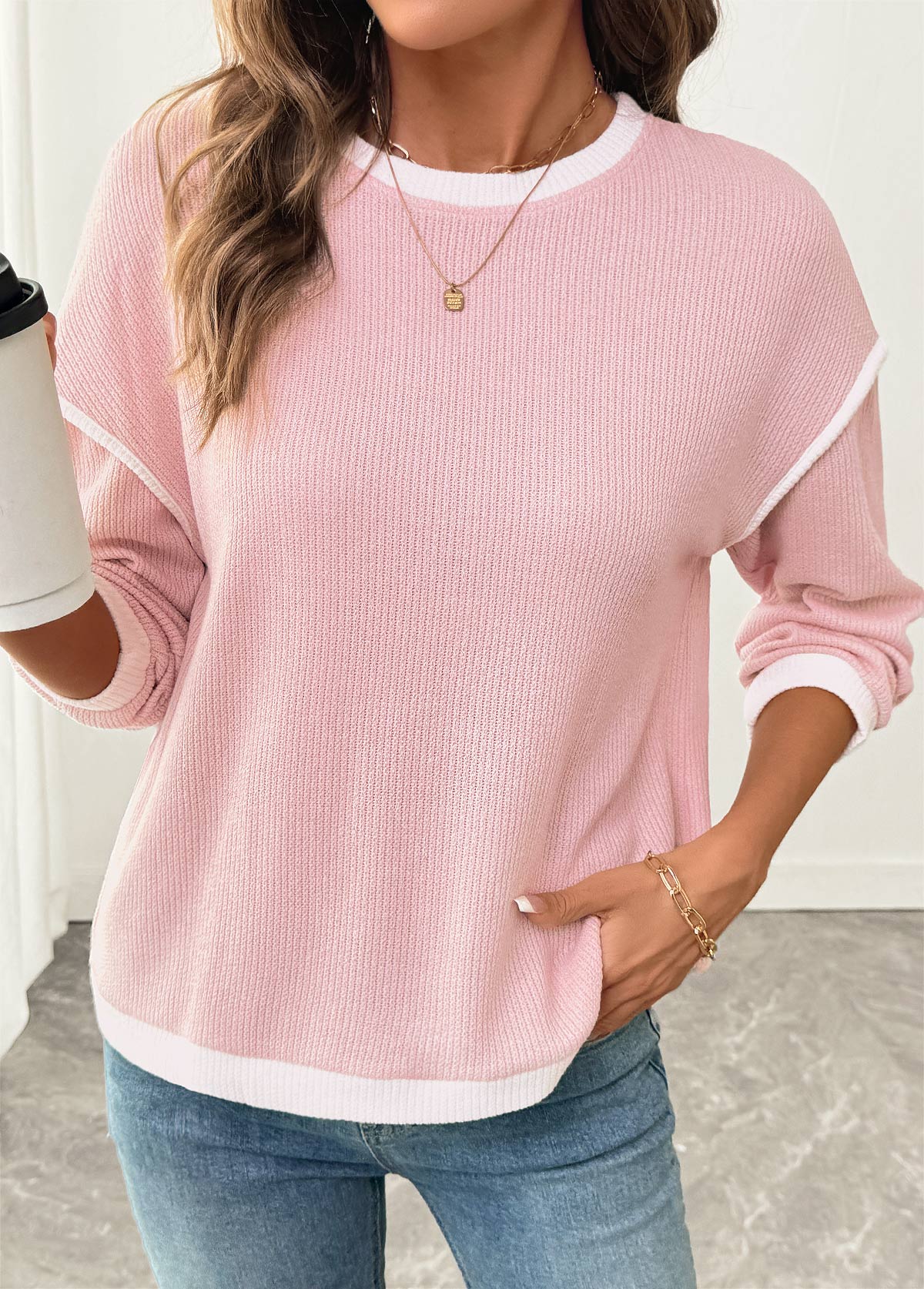 Modlily Pink Patchwork Long Sleeve Round Neck Sweatshirt - S