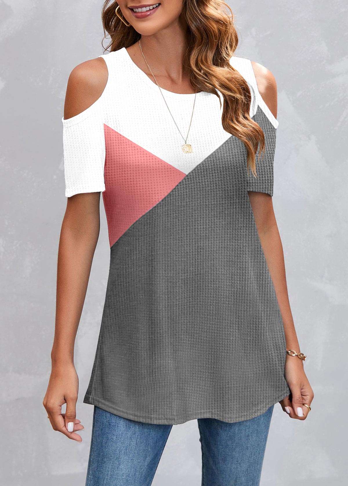 Modlily Pink Patchwork Short Sleeve Round Neck T Shirt - M