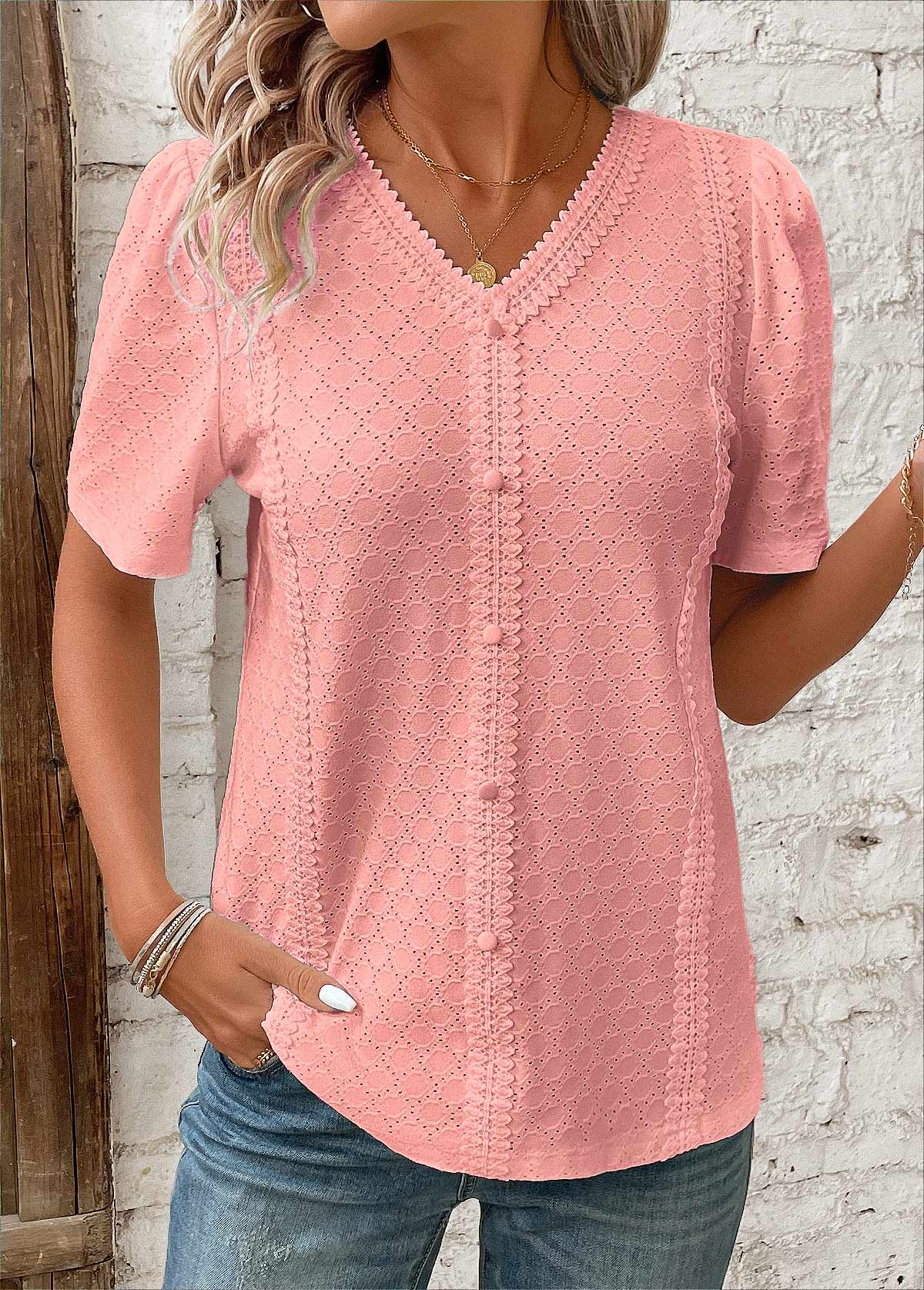 Modlily Pink Patchwork Short Sleeve V Neck Blouse - L