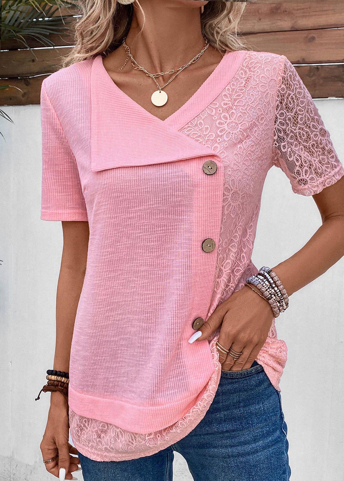 Modlily Pink Patchwork Short Sleeve V Neck T Shirt - M